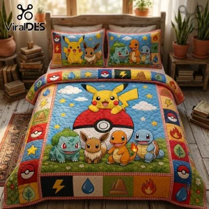 Pokemon Character Pikachu Eevee Quilt Bedding Set featuring colorful illustrations of iconic creatures on a soft fabric.
