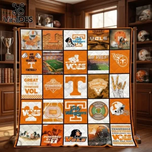 Tennessee Volunteers Logo Patchwork Quilt Throw Blanket featuring orange and white football imagery on a quilt rack.