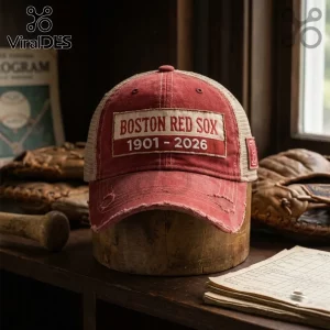 Boston Red Sox 125 Anniversary Distressed Cap in red with tan mesh, featuring a commemorative patch and faded text.