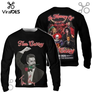In Memory Of Tim Curry Thank You For The Memories hoodie featuring character collages and portraits on a black fabric base.