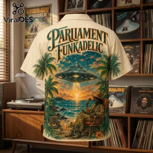 Parliament Funkadelic Beige Hawaiian Shirt featuring a UFO, sunset beach scene, and a person in a wicker chair.
