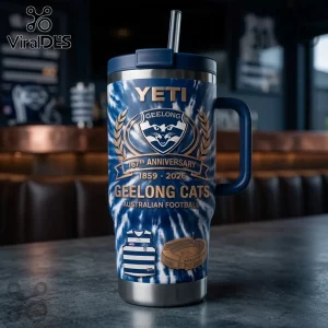Geelong Cats 167th Anniversary Yeti Stanley Tumbler featuring blue tie-dye pattern, team crest, and stadium emblem.