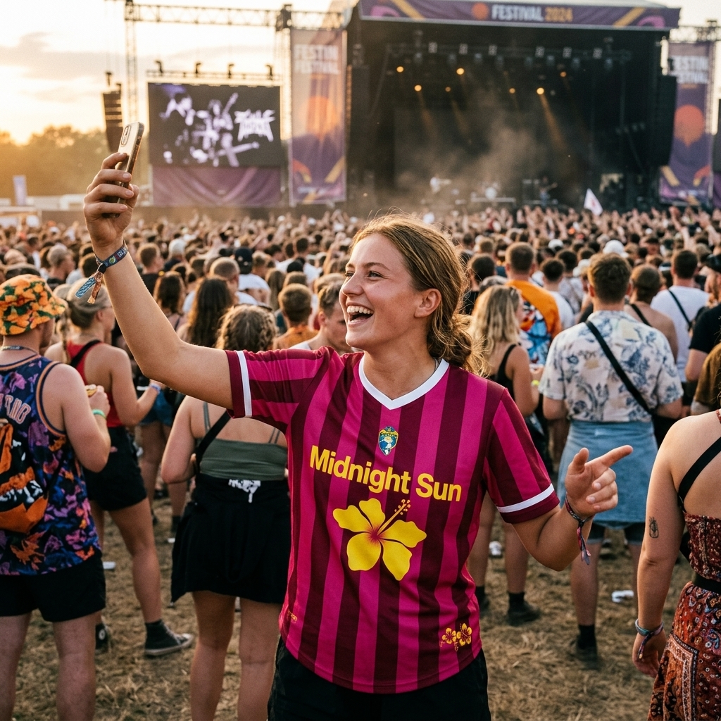 young pop music fan wearing neon pink football jersey at outdoor summer festival