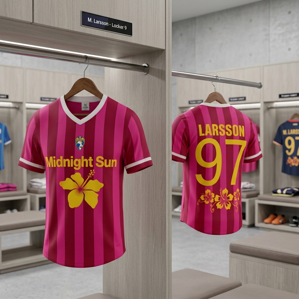 neon pink football jersey hanging in modern dressing room sports aesthetic