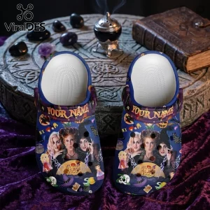 Hocus Pocus Personalized Crocs Clog Shoes featuring the Sanderson Sisters, purple patterns, and custom name text area.