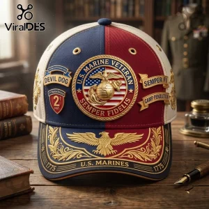 US Marine Corps Veteran Semper Fidelis Baseball Cap with red, white, and blue panels, gold embroidered eagle, and logos.