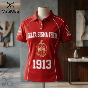 Delta Sigma Theta Red Edition Polo Shirt featuring white lettering, the 1913 founding year, and sorority crest on fabric.