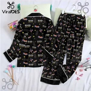 Elvis Presley Premium Black Satin Pajama Set featuring a repeating pattern of white logos, gold stars, and colorful guitars.