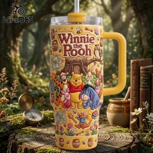 Winnie the Pooh Yellow 40oz Tumbler with lid, straw, and wrap-around Hundred Acre Wood character illustrations.