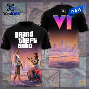 Front and back view of the Grand Theft Auto VI Sunset T-Shirt featuring character graphics and city skyline.