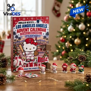 Front view of Hello Kitty x Los Angeles Angels 2026 Advent Calendar with mini figures on a wooden table.
