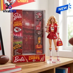 Barbie x Kansas City Chiefs Acrylic Plaque featuring a doll in a red and white football uniform next to its display box.