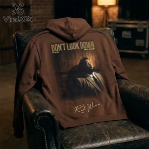 Rod Wave Don't Look Down Signature Brown Hoodie featuring a graphic portrait of the artist on the back with tour branding.