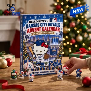 Front view of Hello Kitty x Kansas City Royals Advent Calendar box with mini figurines on wooden table.