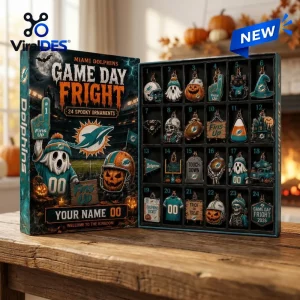 Front view of Miami Dolphins Game Day Fright Halloween Advent Calendar open on a wooden table.