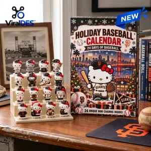Front view of a Hello Kitty x San Francisco Giants advent calendar with sixteen small character figurines on a display stand.