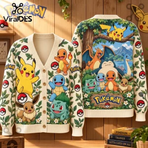 Pokemon Character Garden Pattern Cardigan featuring Pikachu, Charmander, and Bulbasaur on a cream knitted background.