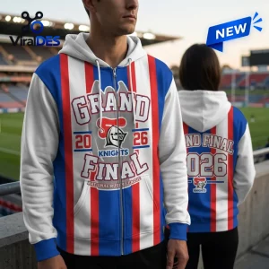 Front and back views of a Newcastle Knights 2026 Grand Final Pullover Hoodie with red, white, and blue stripes.