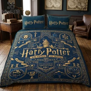 Harry Potter 25th Anniversary Duvet Bedding Set in navy blue with gold foil-style Hogwarts iconography and emblems.