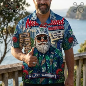 New Zealand Warriors Kia Kaha Hawaiian shirt featuring a bearded man in a hat, blue tropical patterns, and team graphics.