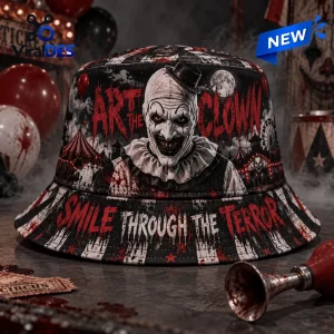 Front view of an Art The Clown Smile Through The Terror Horror Bucket Hat featuring a scary clown graphic.