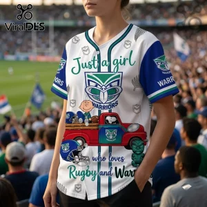 New Zealand Warriors Snoopy Rugby Button Down Jersey featuring a cartoon truck, team logos, and text on a white shirt.