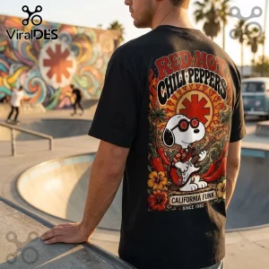 Red Hot Chili Peppers x Snoopy California Funk shirt features Snoopy playing guitar with peppers and tropical flowers.
