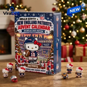 Front view of a New England Patriots advent calendar with Hello Kitty figures on a wooden surface near a Christmas tree.
