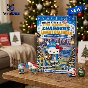 Front view of a Hello Kitty x Los Angeles Chargers advent calendar box with miniature figures on a wooden table.