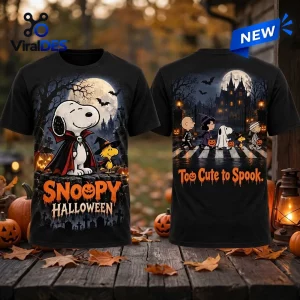 Front and back view of a black Snoopy Vampire Halloween shirt featuring trick-or-treaters and a gothic castle scene.