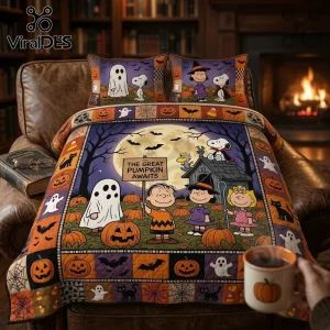 Peanuts Great Pumpkin Halloween Bedding Quilt Set featuring Snoopy, Charlie Brown, and Lucy in a pumpkin patch at night.