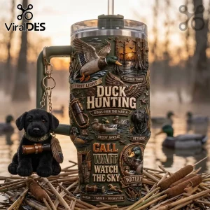 Duck Hunting Flooded Timber 40oz Handle Tumbler with embossed mallard, retriever dog, and marsh scene against a sunset.