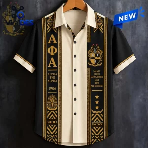 Front view of an Alpha Phi Alpha Fraternity Hawaiian shirt featuring gold Greek letters and crest on a black background.