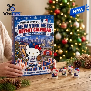 Front view of Hello Kitty New York Mets advent calendar held in hands with mini figurines in foreground.