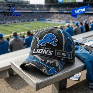 Front view of the Detroit Lions NFL distressed baseball cap resting on a stadium bleacher.