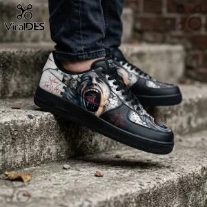 Pink Floyd The Wall Air Force 1 Sneakers featuring graphic artwork of a screaming face on black and white leather.