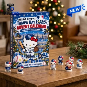 Front view of Hello Kitty x Tampa Bay Rays Advent Calendar 2026 box with miniature figurines on a wooden table.