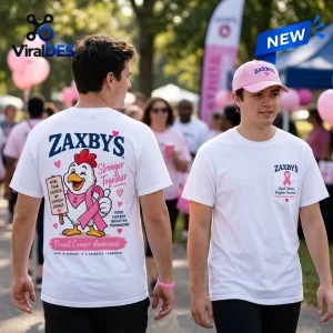 Zaxby's Breast Cancer Awareness Pink Ribbon White Shirt featuring a cartoon chicken, pink ribbons, and charitable text.