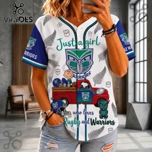 New Zealand Warriors Snoopy Rugby button down jersey featuring blue and white team logos, ferns, and a red pickup truck.