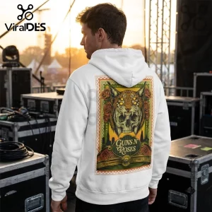 Guns N Roses x The Black Crowes San Diego Tour white hoodie featuring a wildcat skull graphic on the back.