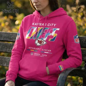 Kansas City Chiefs Crucial Catch Pink Hoodie featuring team logos, NFL branding, and Intercept Cancer text on fleece.