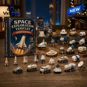 Front view of Space Exploration Vehicles Advent Calendar 2026 box alongside twenty-four miniature space vehicle figures.