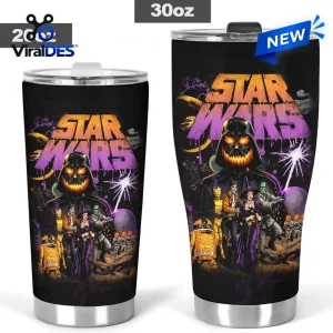 Front view of a Star Wars Halloween pumpkin tumbler cup featuring a carved jack-o-lantern helmet design.