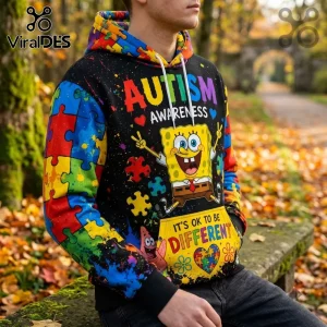 SpongeBob SquarePants Autism Awareness Halloween hoodie featuring a colorful puzzle piece pattern and character graphics.