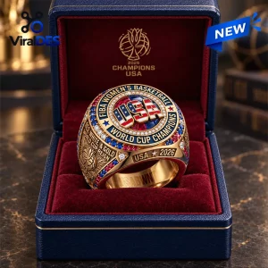 USA Basketball FIBA Women's World Cup 2026 Ring in gold with red and blue jewels inside a navy blue velvet display box.