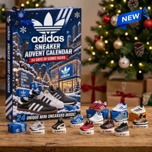 Front view of an Adidas Sneaker Advent Calendar with miniature shoe models arranged on a wooden table.