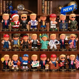Front view of Trump Advent Calendar 2026 Christmas Countdown featuring 24 numbered mini figures on shelves.