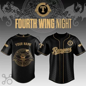 Texas Rangers Fourth Wing Collaboration Baseball Jersey with black and gold dragon crest patterns on a textured fabric.
