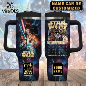 Star Wars Episode IV 50th Anniversary 40oz tumbler with wrap-around character art, black lid, handle, and custom name slot.