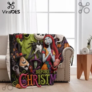 Nightmare Before Christmas Personalized Blanket featuring Jack Skellington, Sally, and Oogie Boogie on a living room sofa.